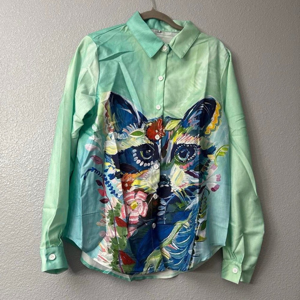Women's Green Floral Button-Up Shirt With Fun Raccoon Graphic